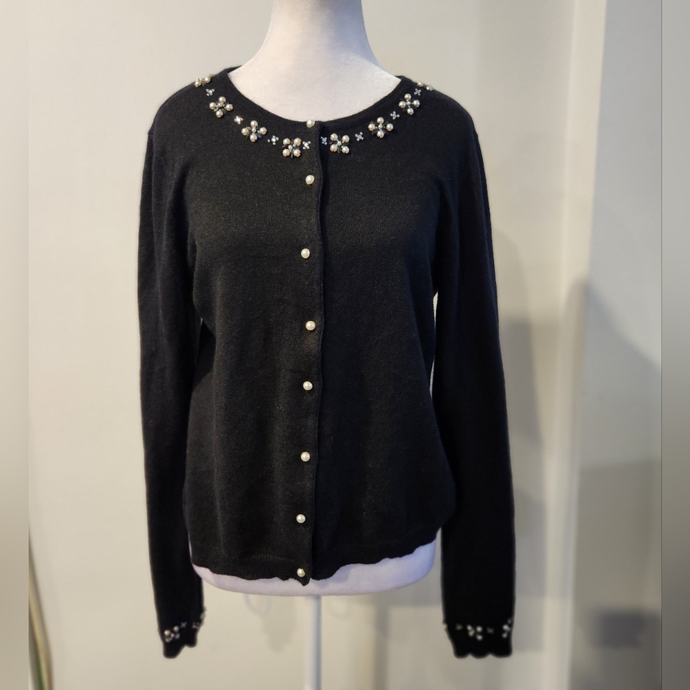 Embellished Black Wool Angora Cardigan w/ pearl buttons